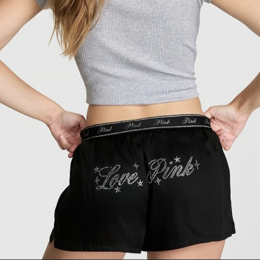 VS PINK Limited Edition Black Diamante Butt Graphic Silky Pajama Shortys Size M